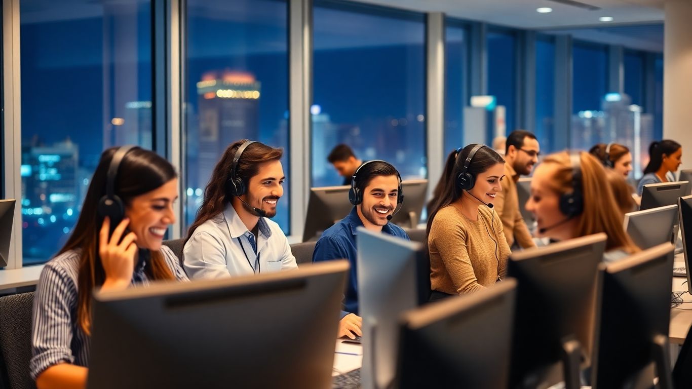 Customer service agents working all night in modern office.