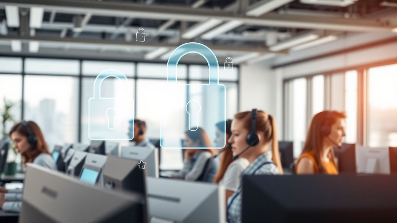 Office staff with headsets and digital security locks visible