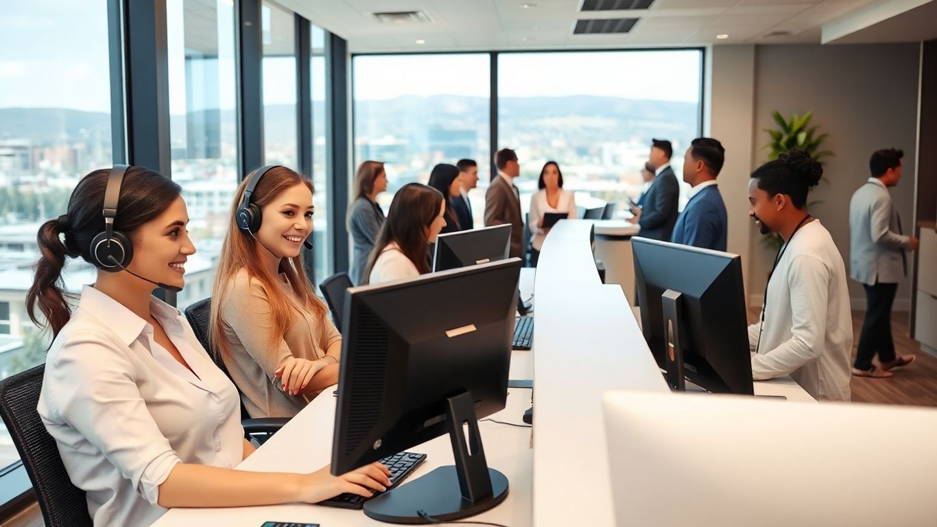 Receptionists with headsets in a Boise office environment
