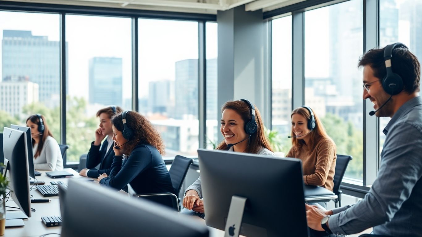Portland office staff answering calls with headsets