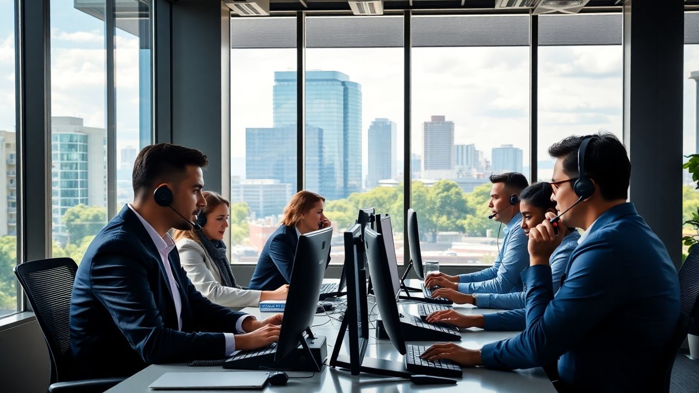 Business team using phones and computers in Portland office