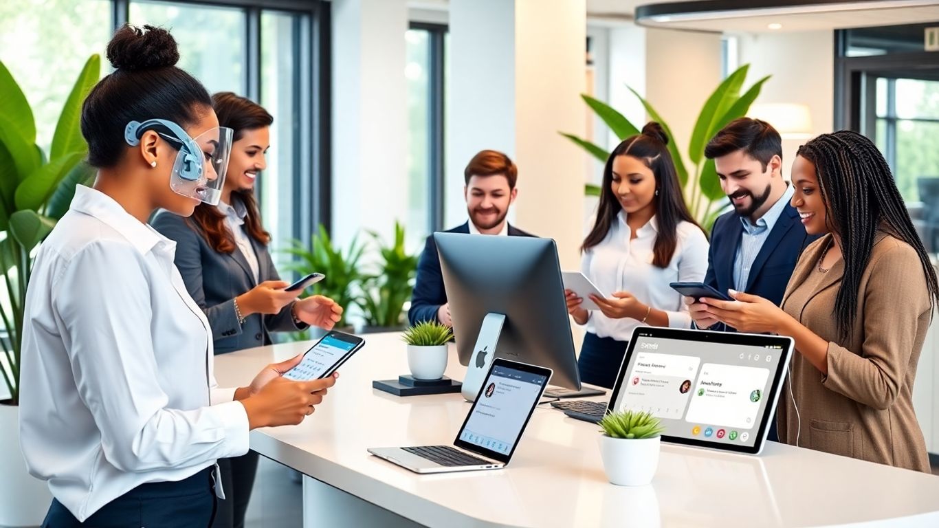 Virtual assistant in Portland office with staff and technology