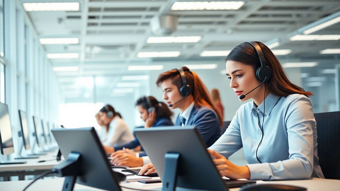 Business professionals with headsets handling multiple calls