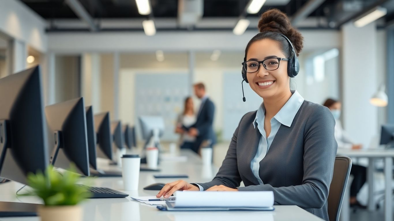 Receptionist answering business calls in modern office setting