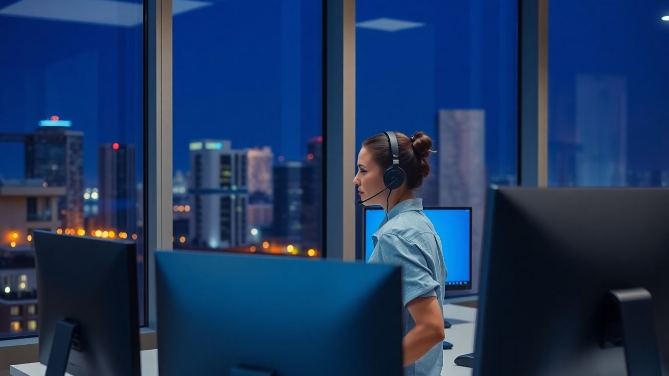 Receptionist answering phone in office at night