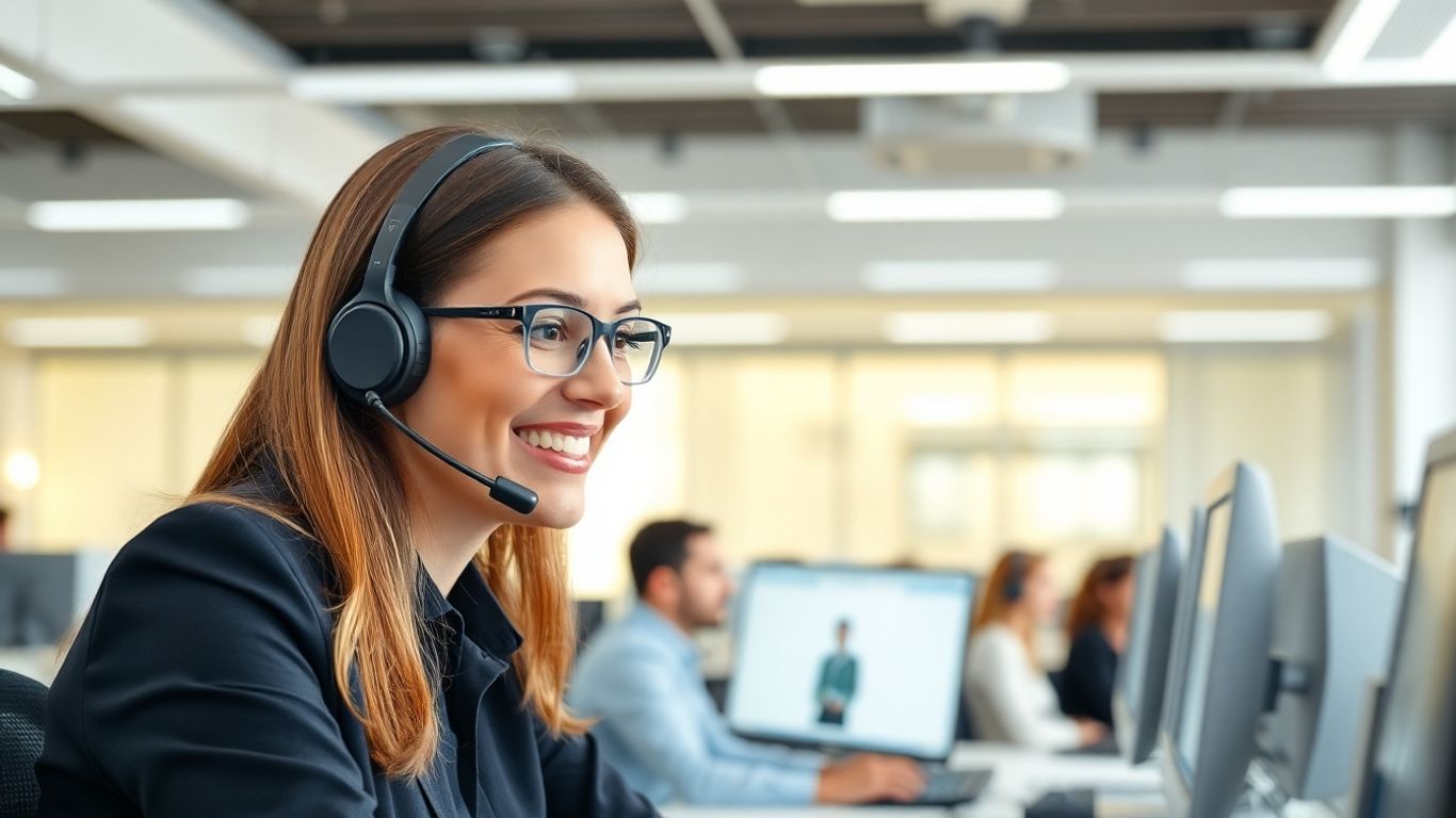 Call center agent assisting customer in modern office