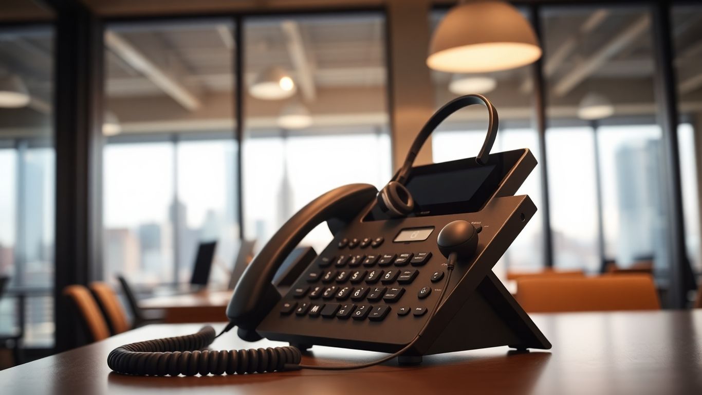 Phone and headset on desk in bright office.