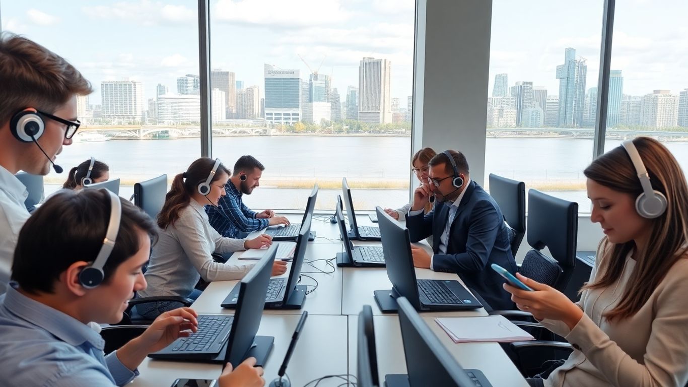 Call center agents handling calls and texting by riverside cityscape