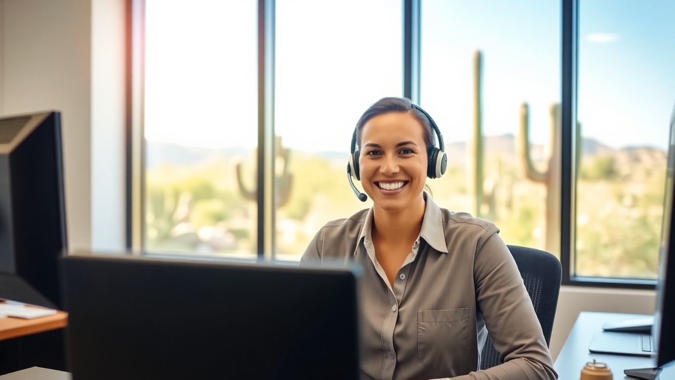 Call center agent working near Tucson desert view