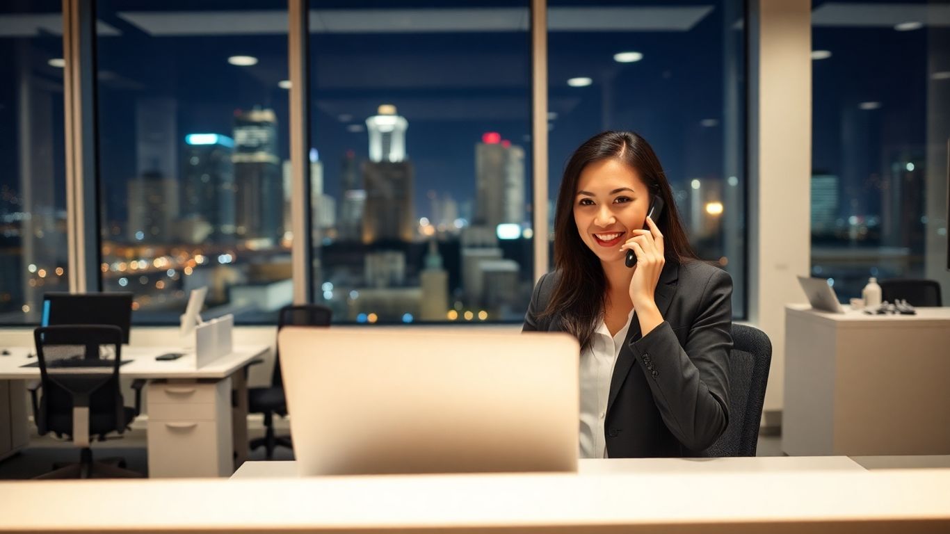 Receptionist answering phone at night in Tucson office