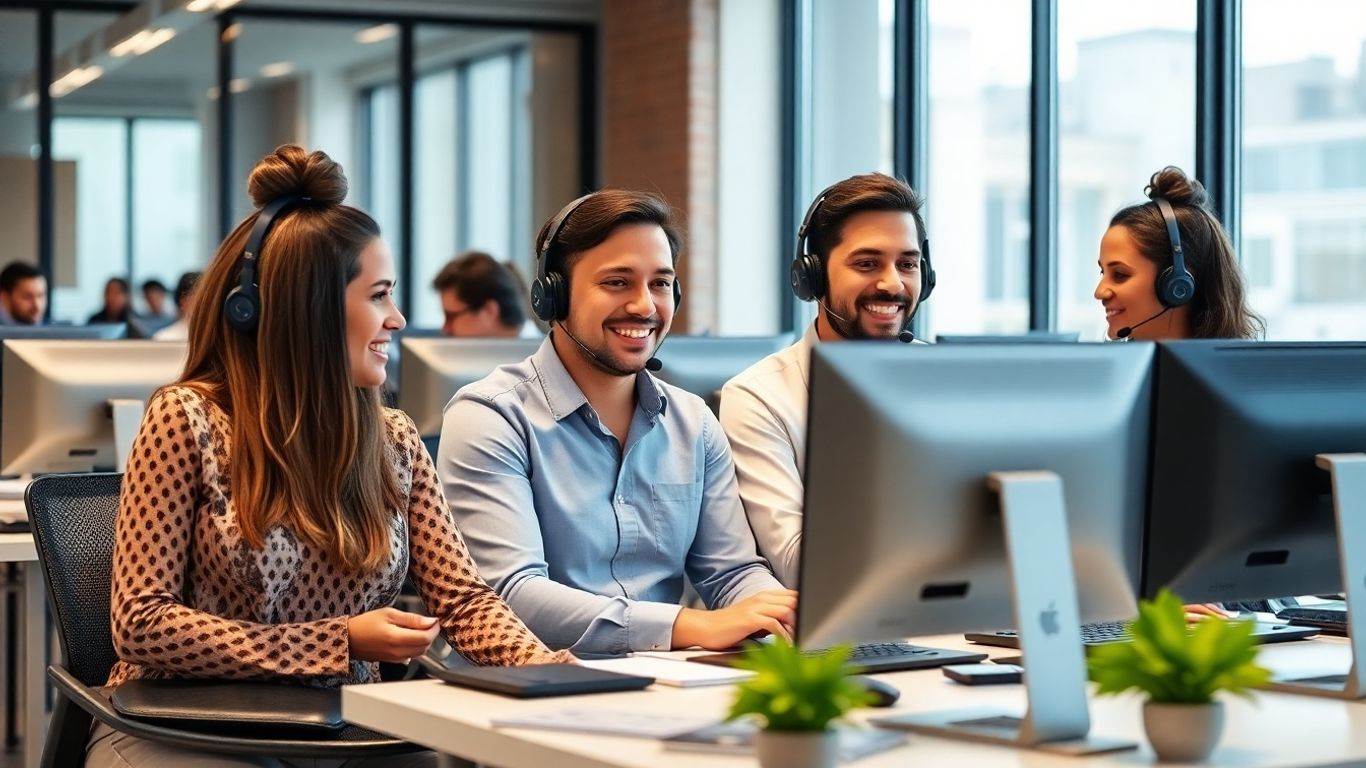 Team of customer service agents with headsets in office