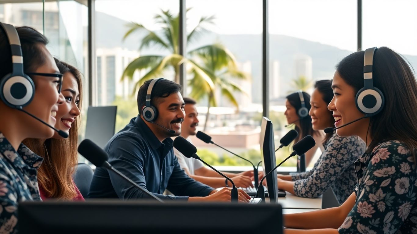 Busy Honolulu office with professionals answering phone calls.