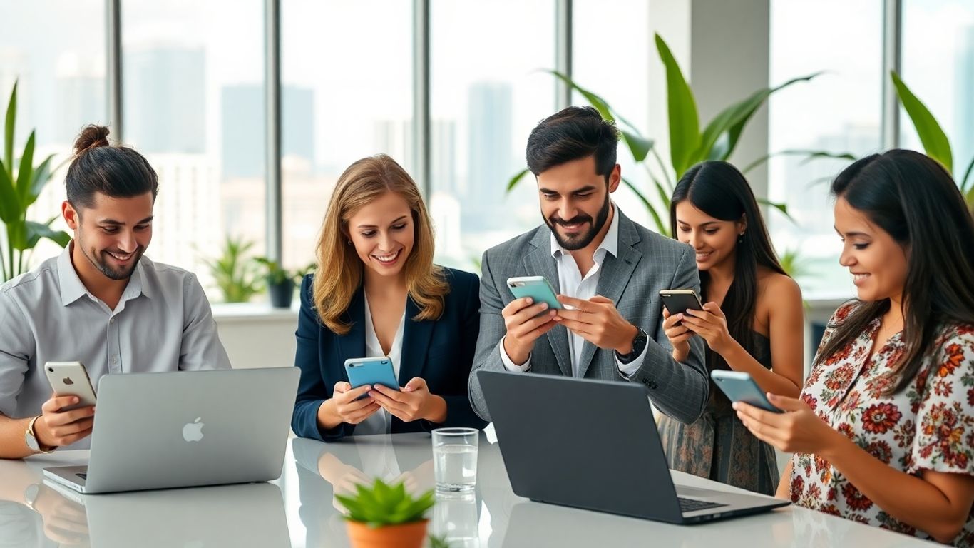 Modern Honolulu office with diverse team, digital devices, skyline.