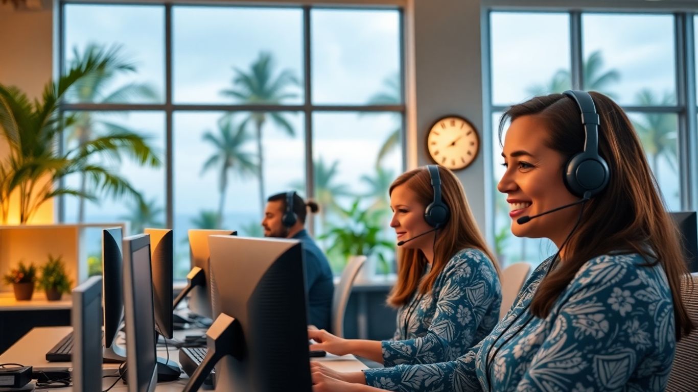 Call center agents in Honolulu office with palm trees