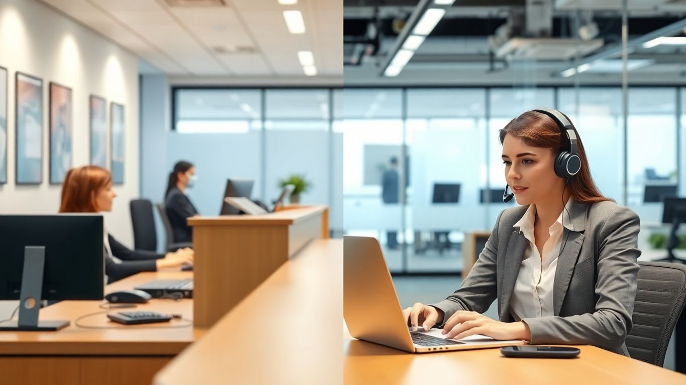Receptionist and agent handling business calls in office