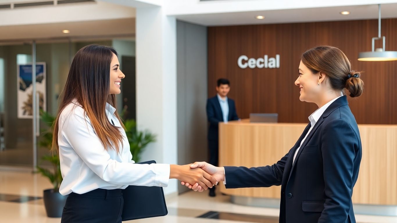 Business professionals and receptionist in modern office lobby