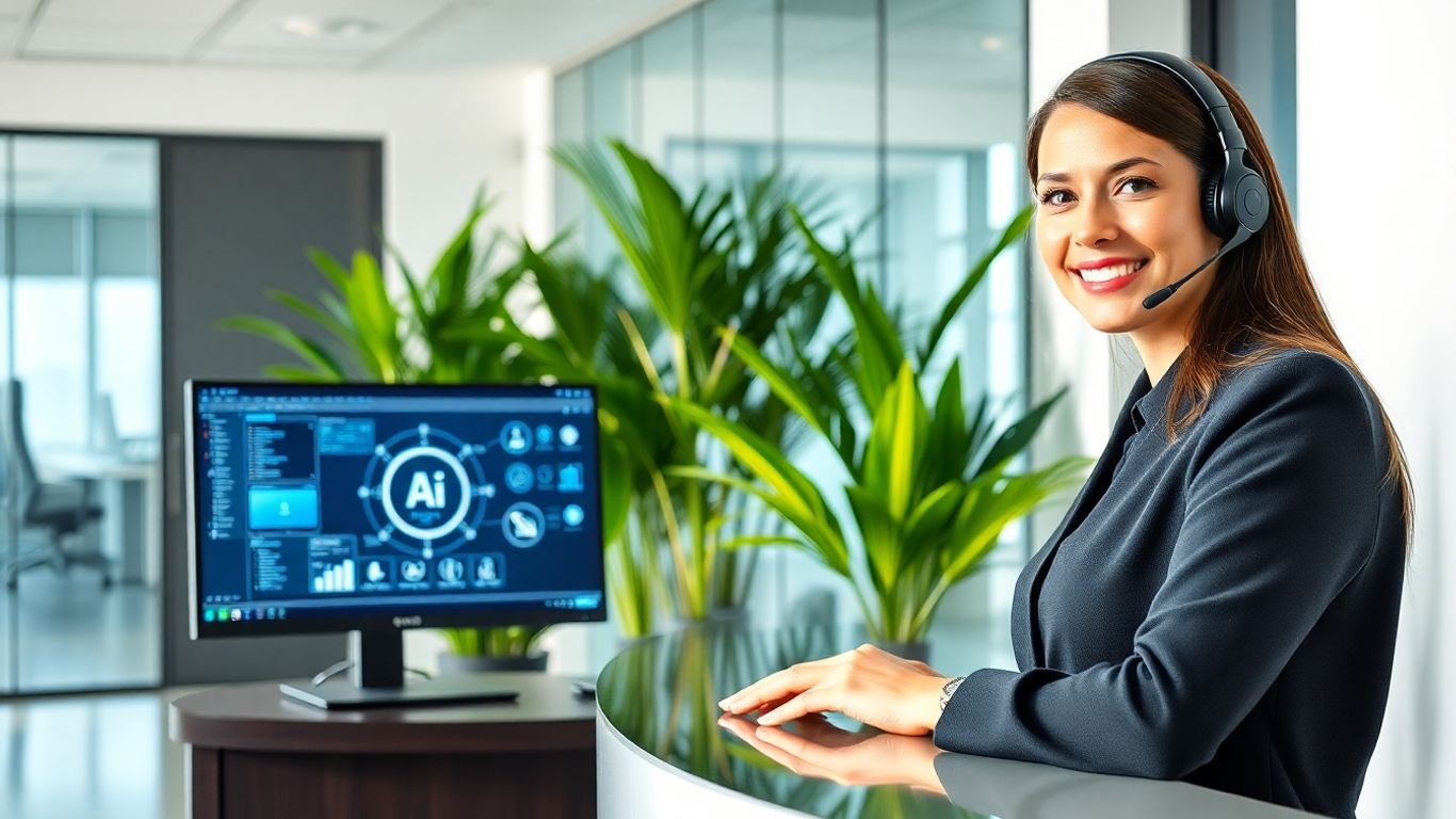 Receptionist with headset and AI interface in modern office