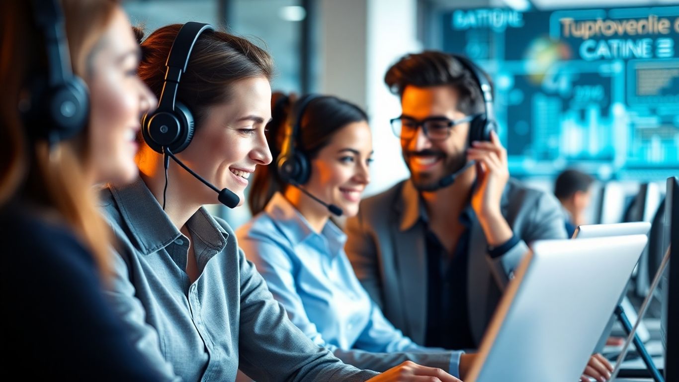 Business professionals using headsets in a modern office
