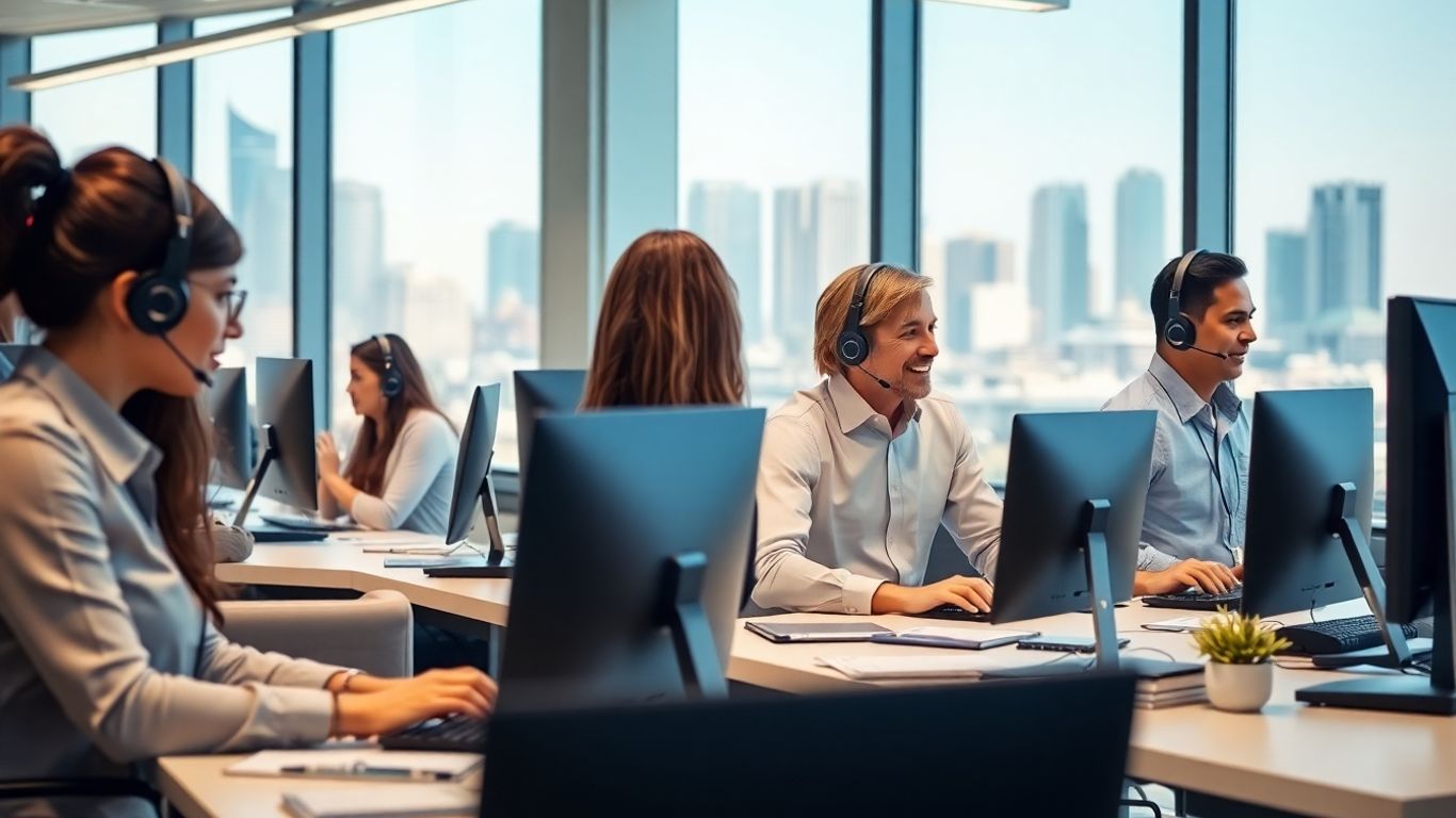 Team using headsets in modern Sacramento office workspace