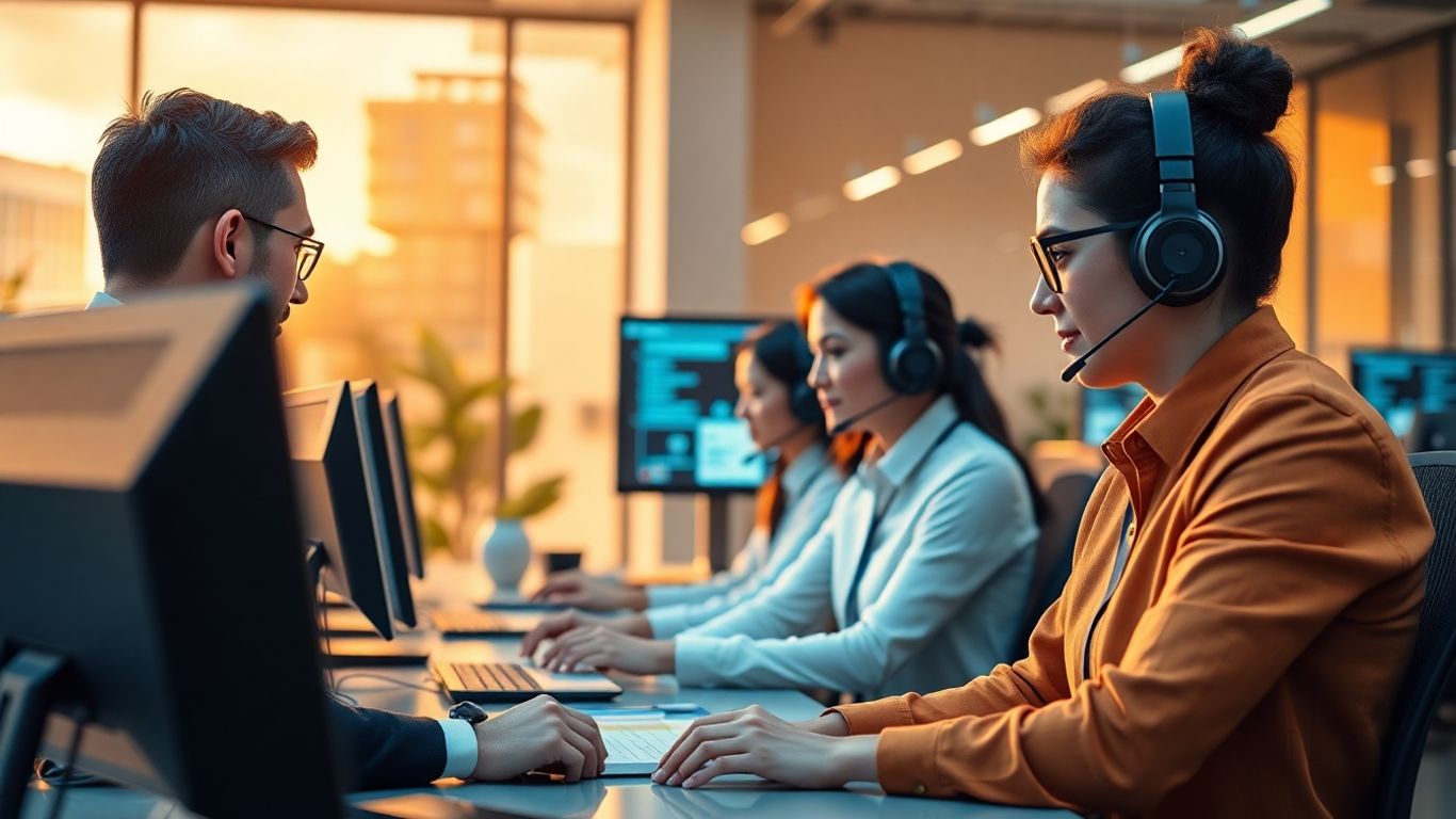 Business professionals using headsets in a modern office