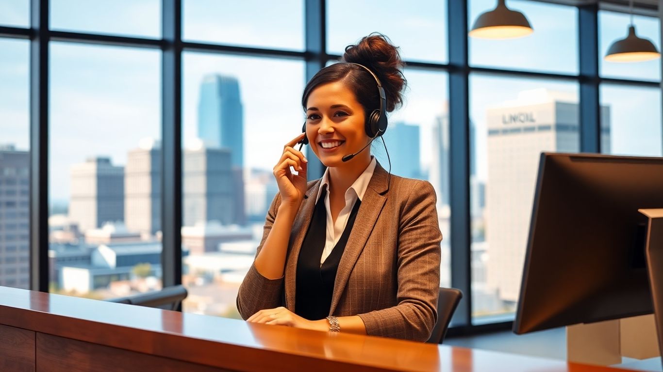 Receptionist answering call with Lincoln skyline view