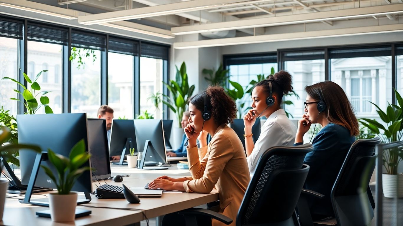 Business office with diverse team answering phones professionally.