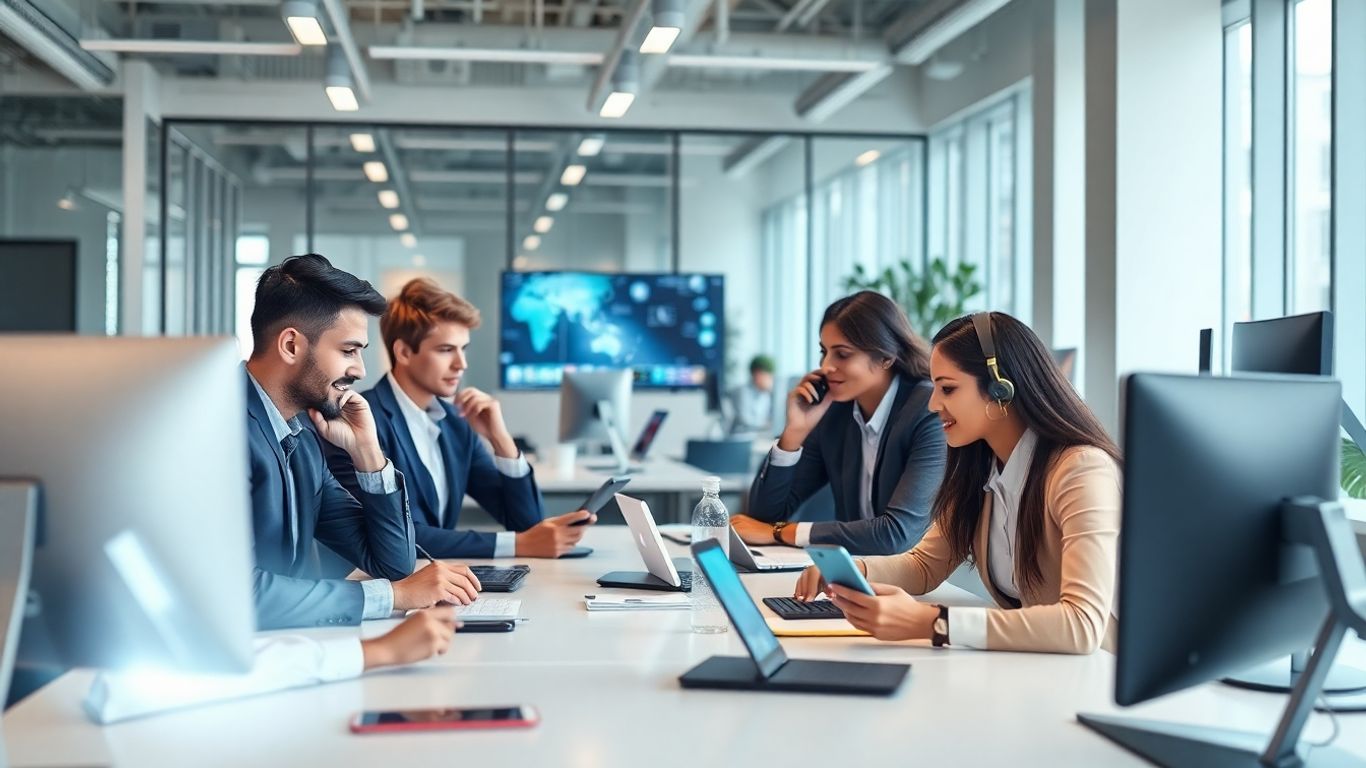 Modern office team using AI communication devices