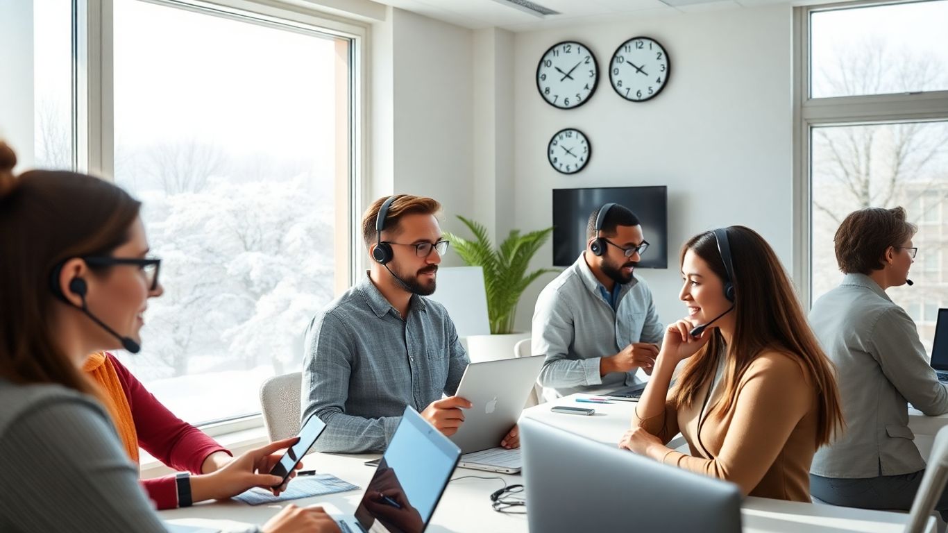Team answering calls with clocks for different time zones.