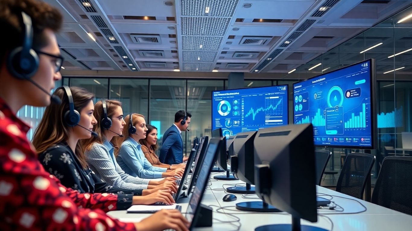 Business team using AI communication technology in office