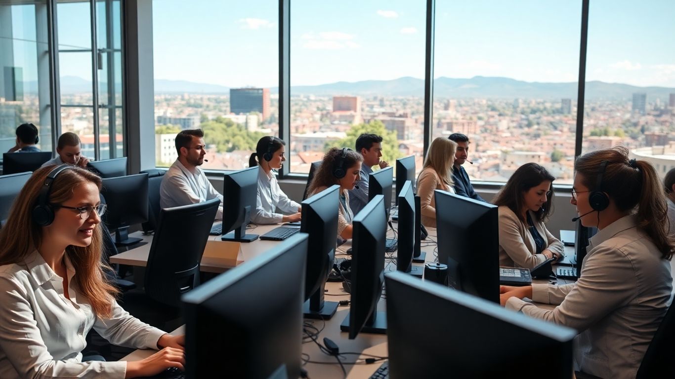 Albuquerque call center team answering phones in office