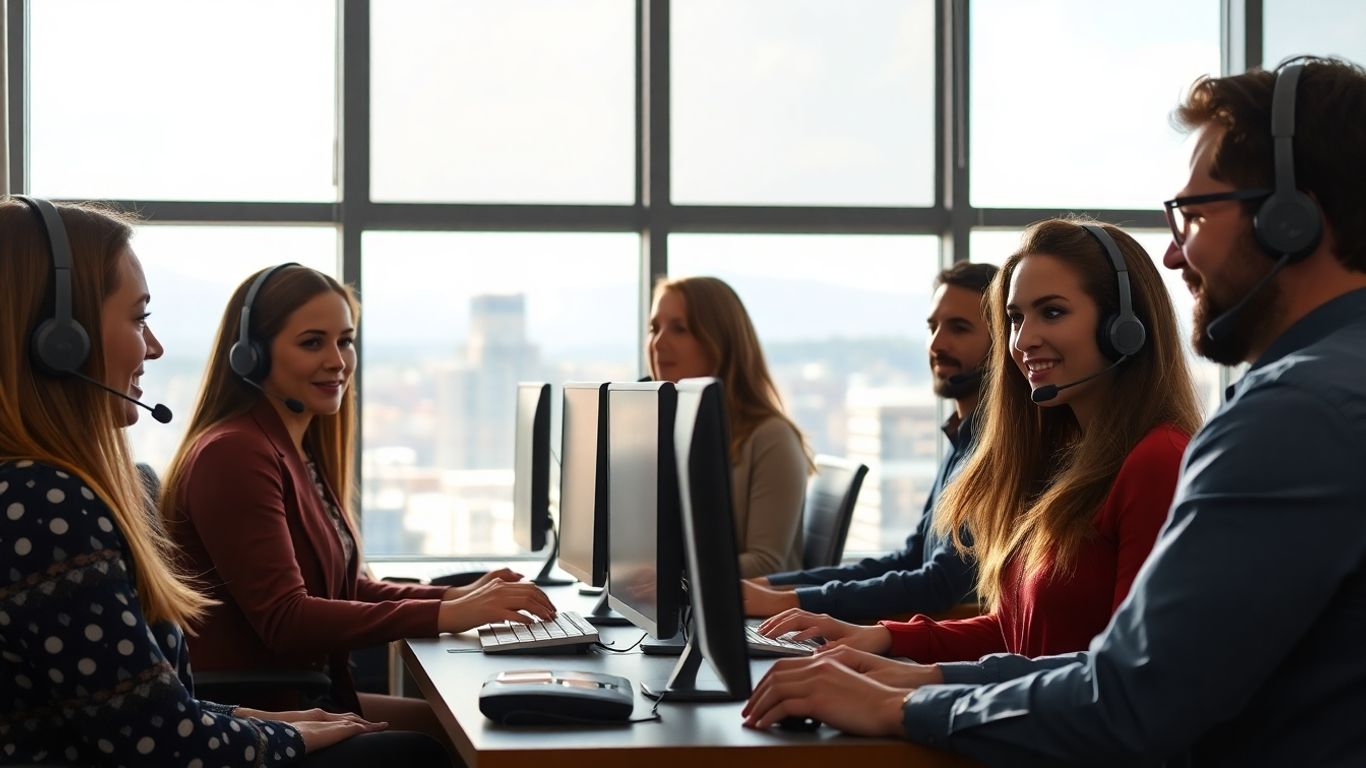 Team of call agents in Albuquerque office sunlight