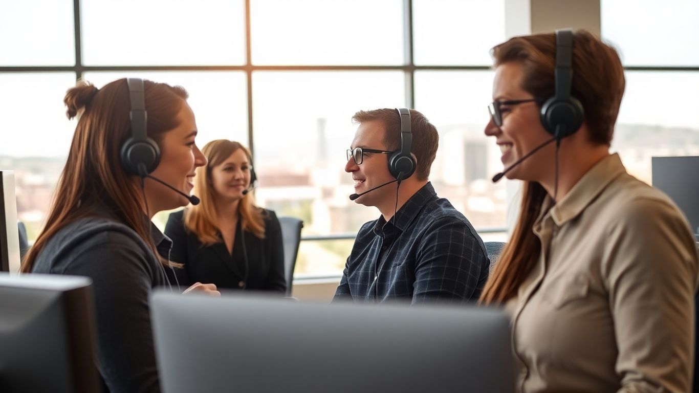 Call center team in Albuquerque office with city view.