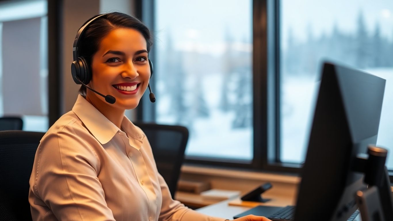 Smiling call center agent with snowy Alaska background