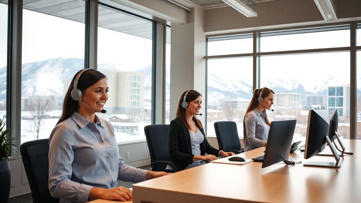 Anchorage business receptionists answering phones with snowy backdrop.