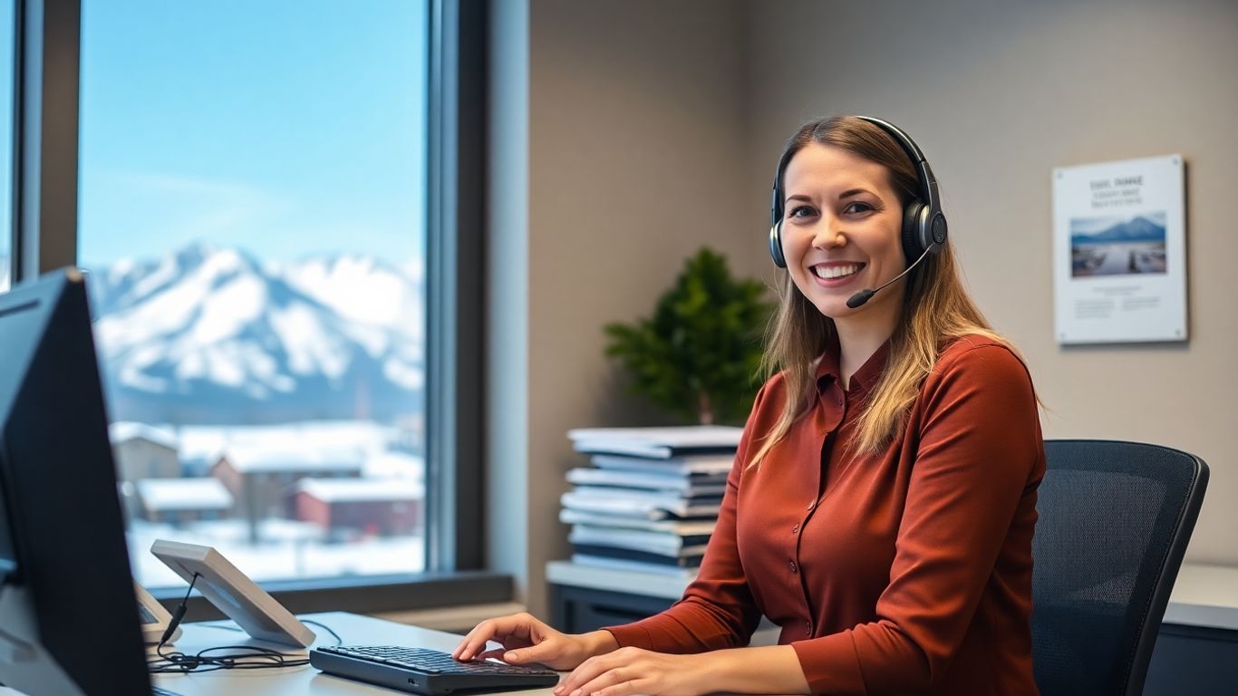 Smiling agent in Alaska office with snowy mountains