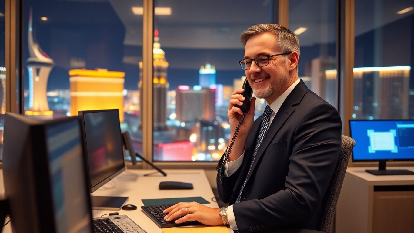 Businessperson answers phone in Las Vegas office at night