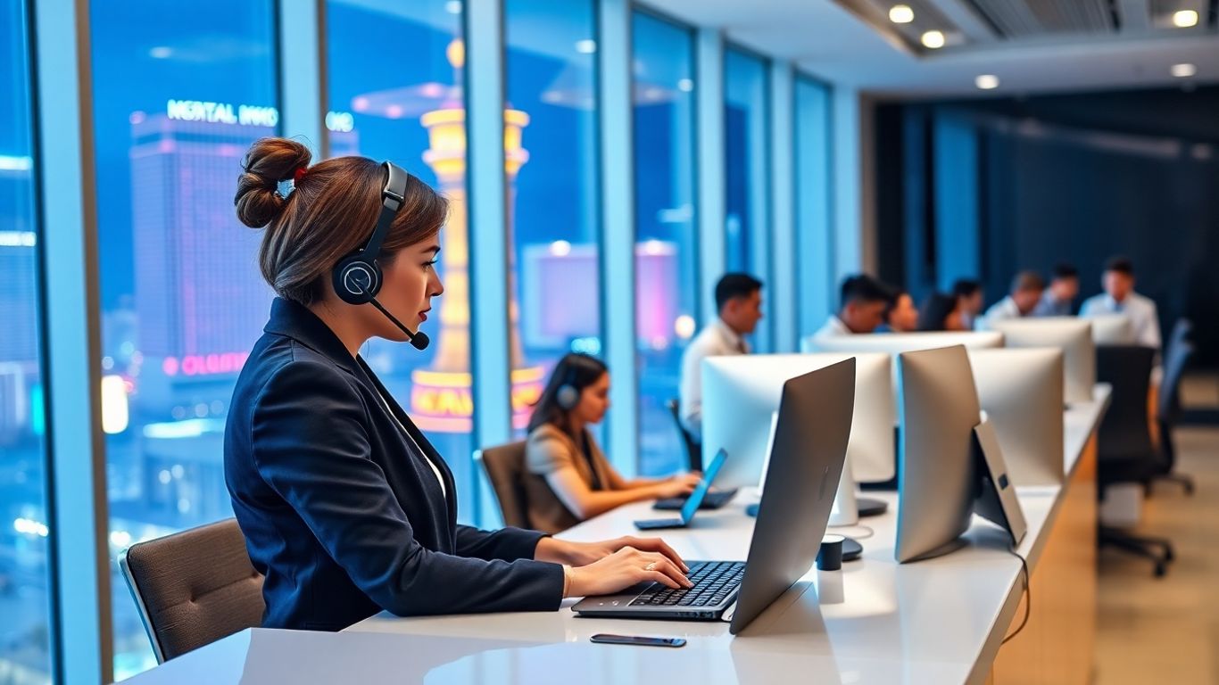 Receptionist answering calls in bright Las Vegas office