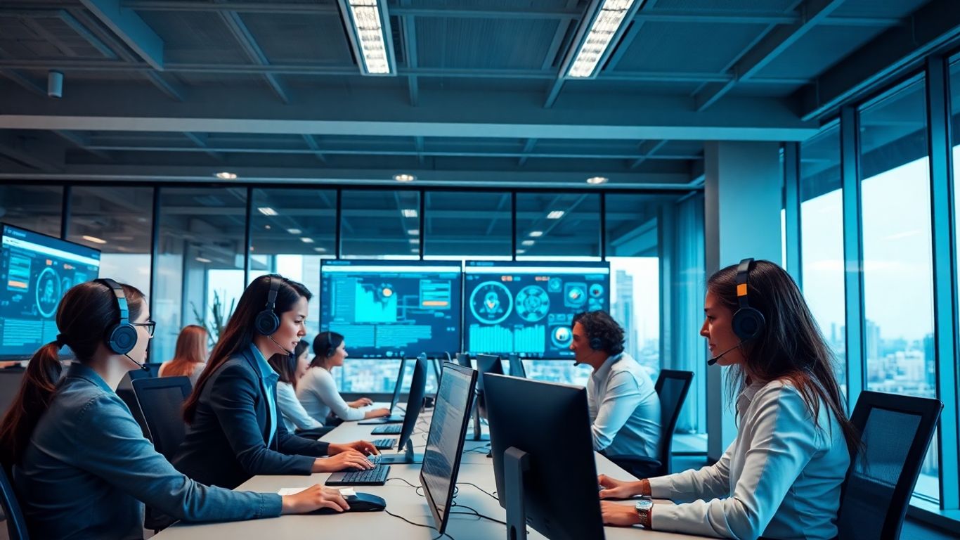 Office with professionals using AI-powered communication tools