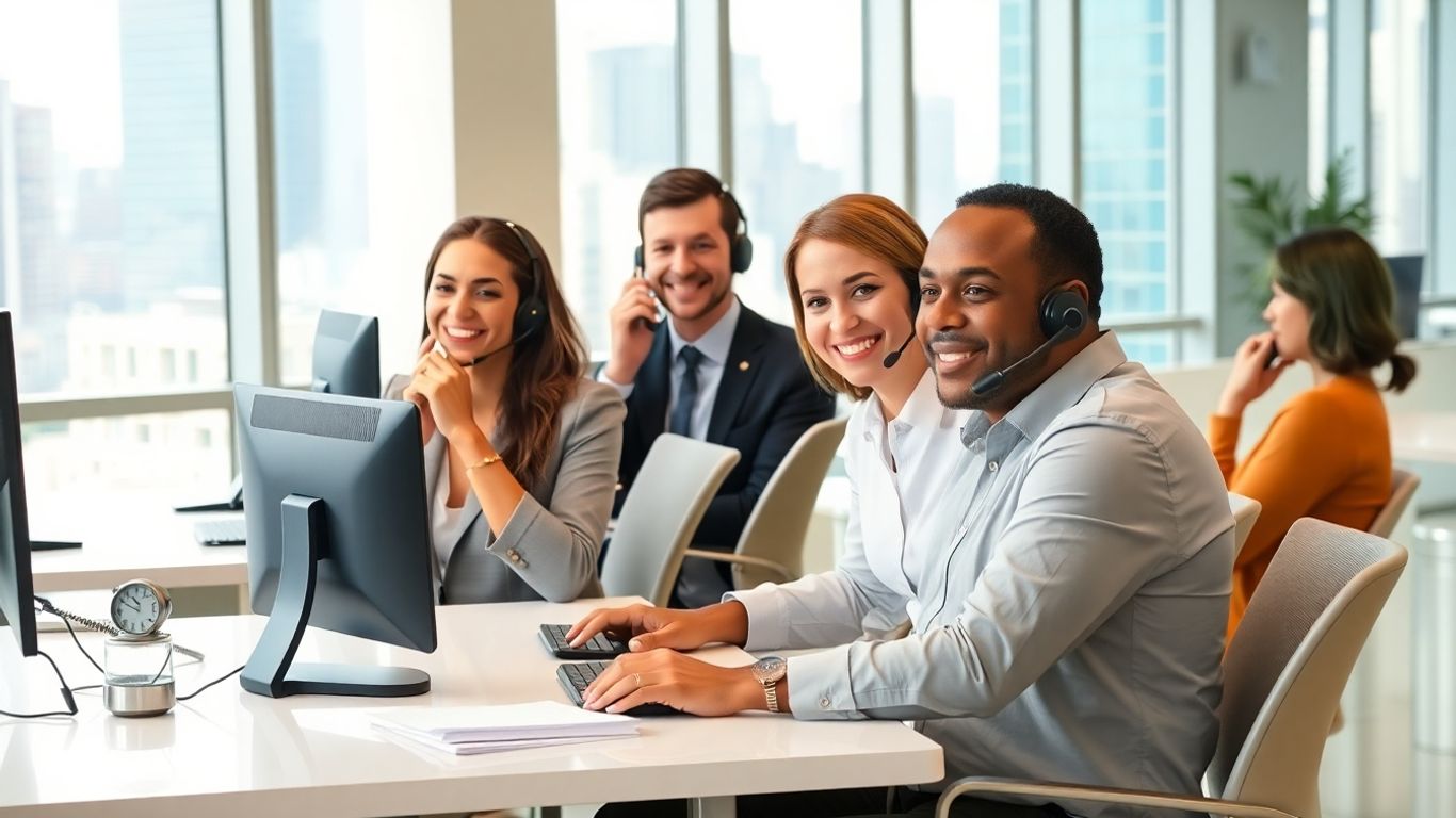 Professionals with headsets in a modern office environment