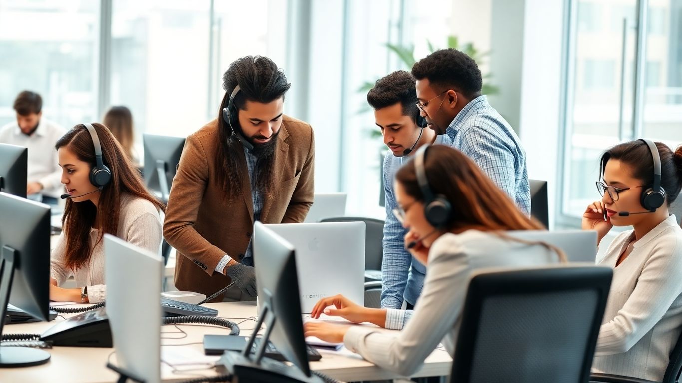 Team efficiently handling multiple phone calls in office
