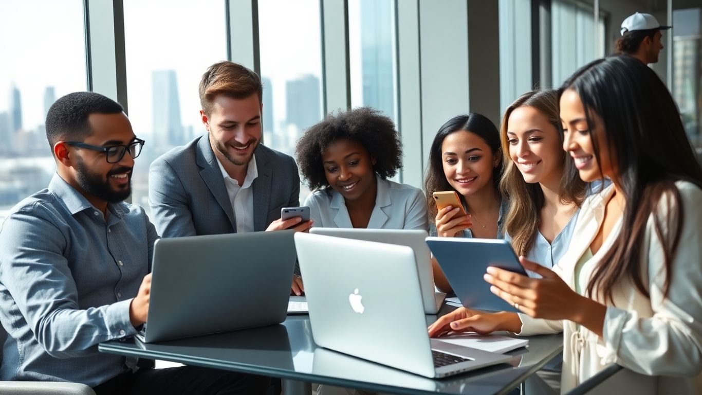 Remote and mobile team working in a modern office.