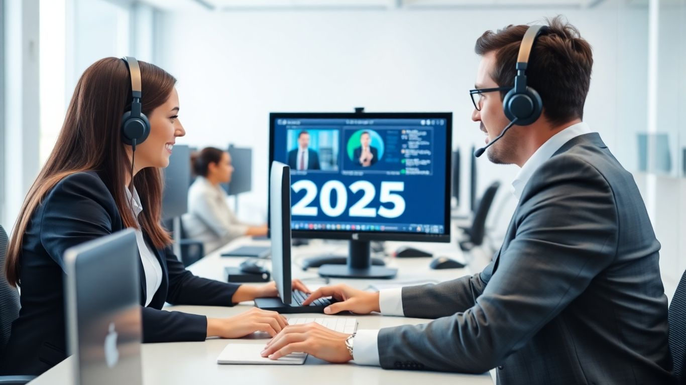 Call center team working with headsets in modern office