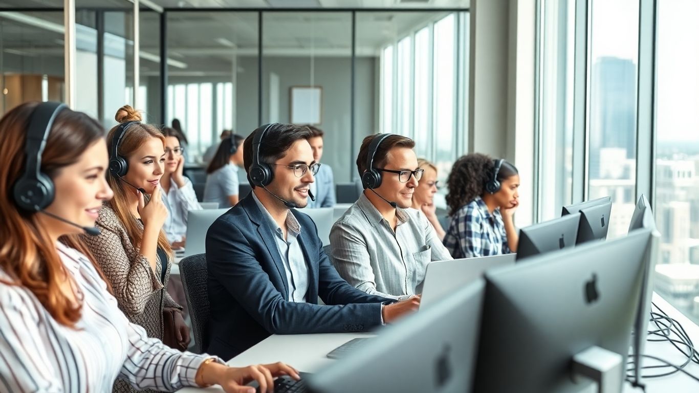 Wichita office professionals working with headsets and phones