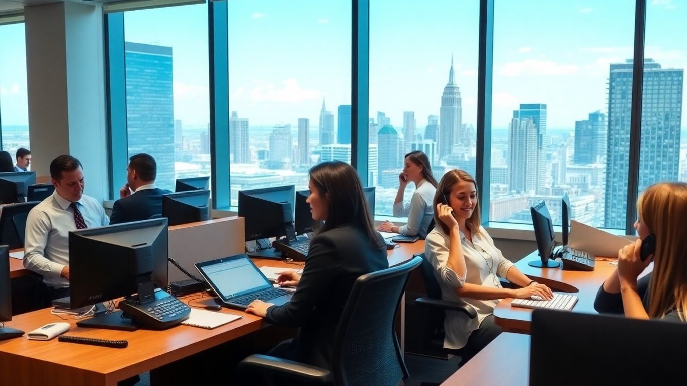 Busy Jersey City office with receptionists answering multiple phones