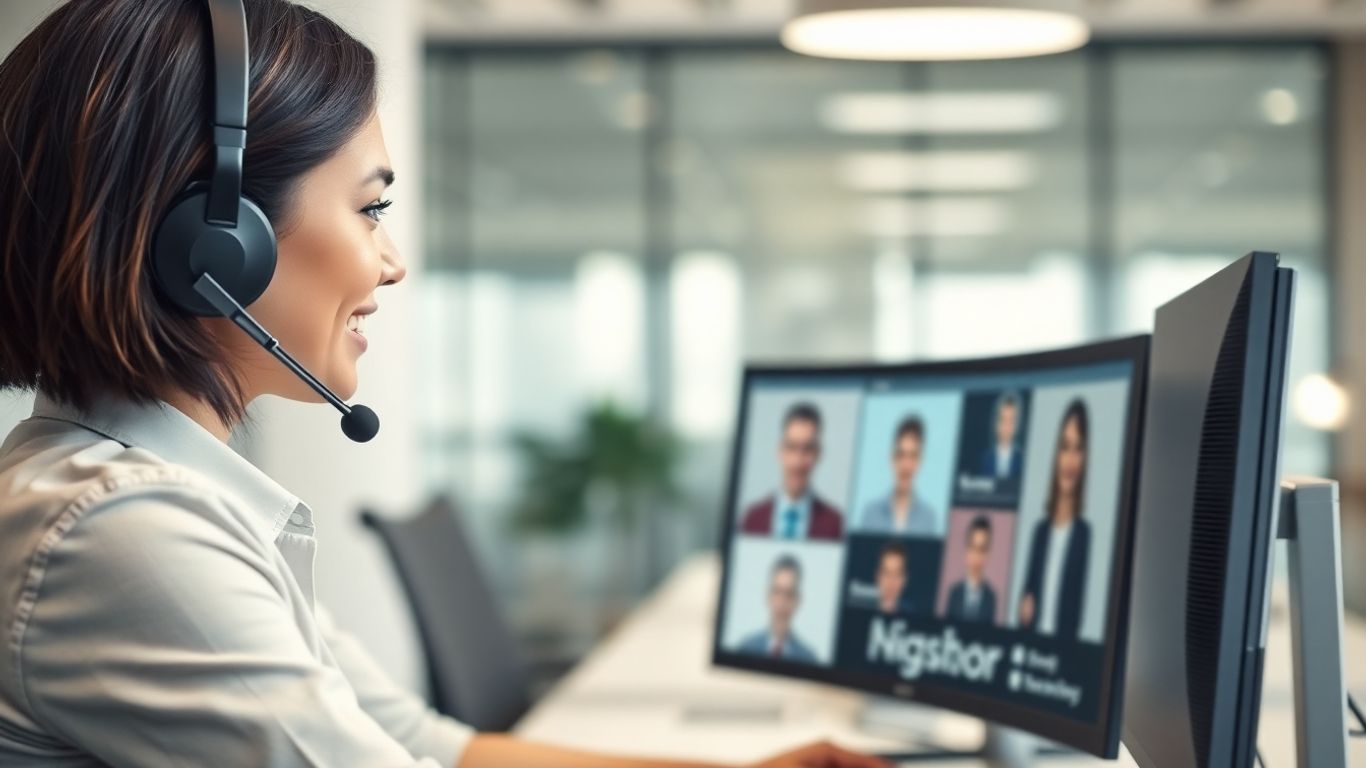 Call center agent helping business client on computer