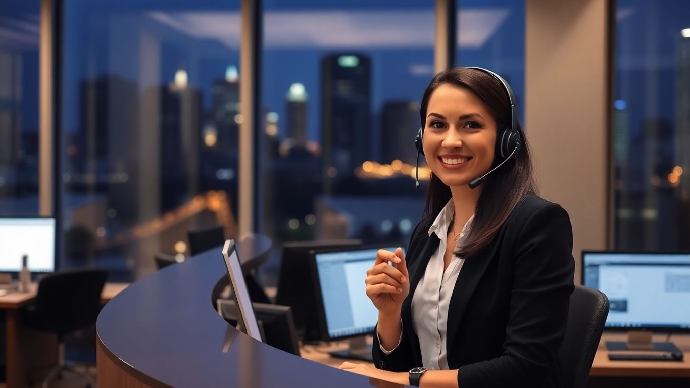Receptionist answering calls at night in a Louisville office.