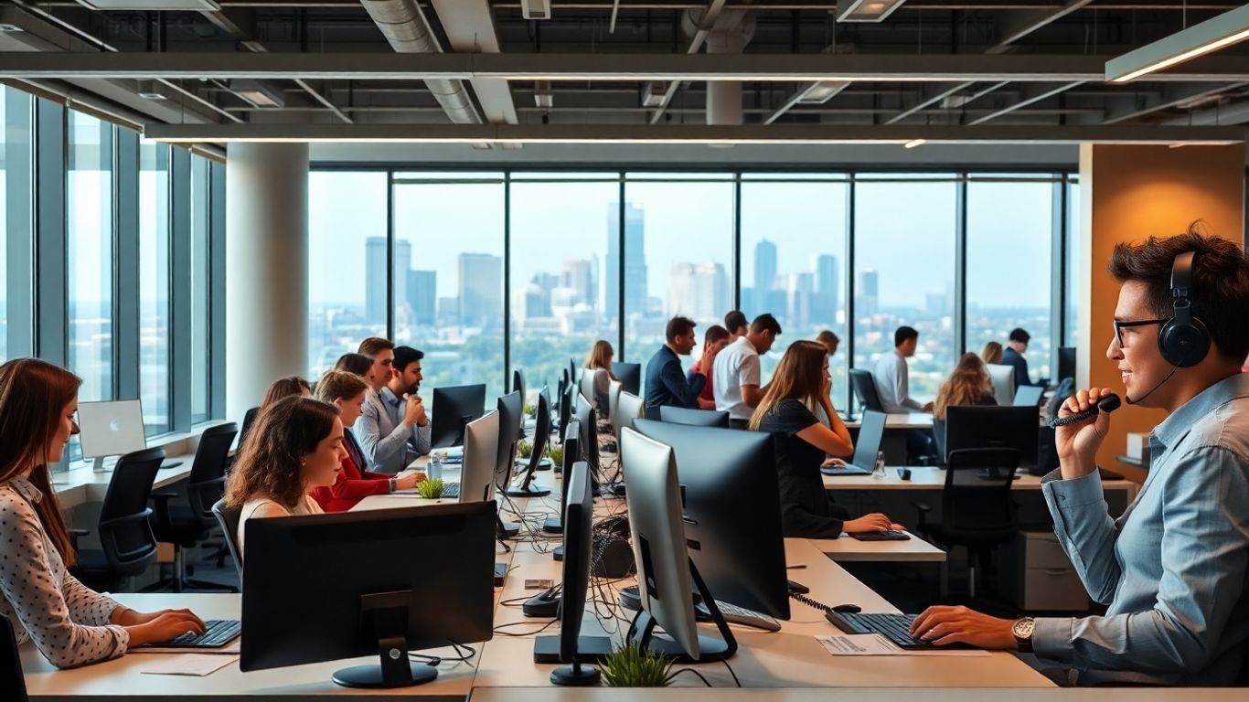 Office staff answering phones in a modern Louisville workspace.