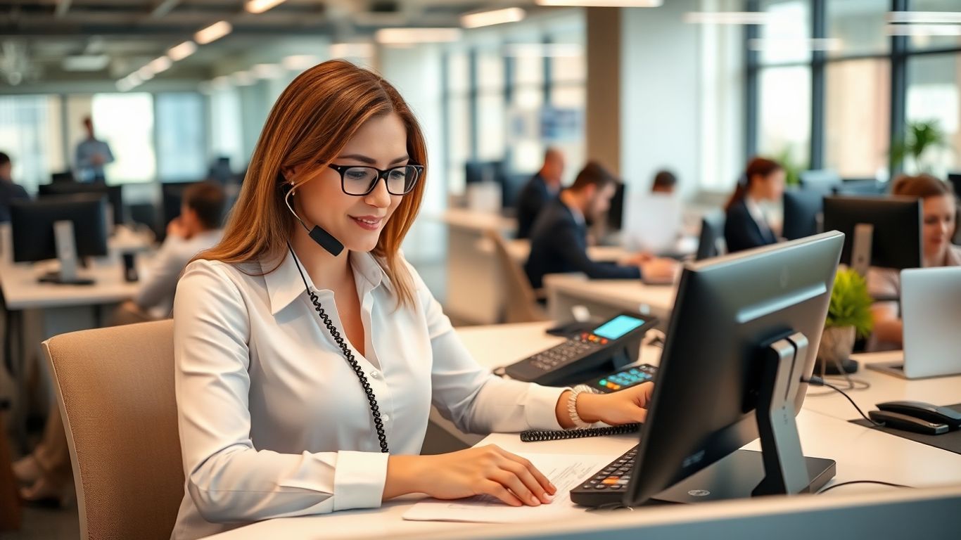 Receptionist answering multiple phone lines in busy office