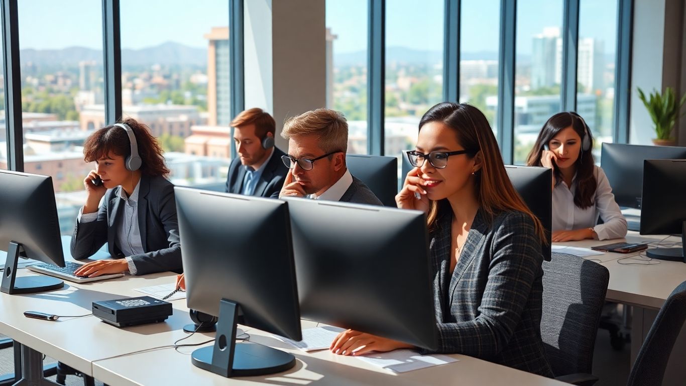 Chandler business professionals taking calls in modern office.
