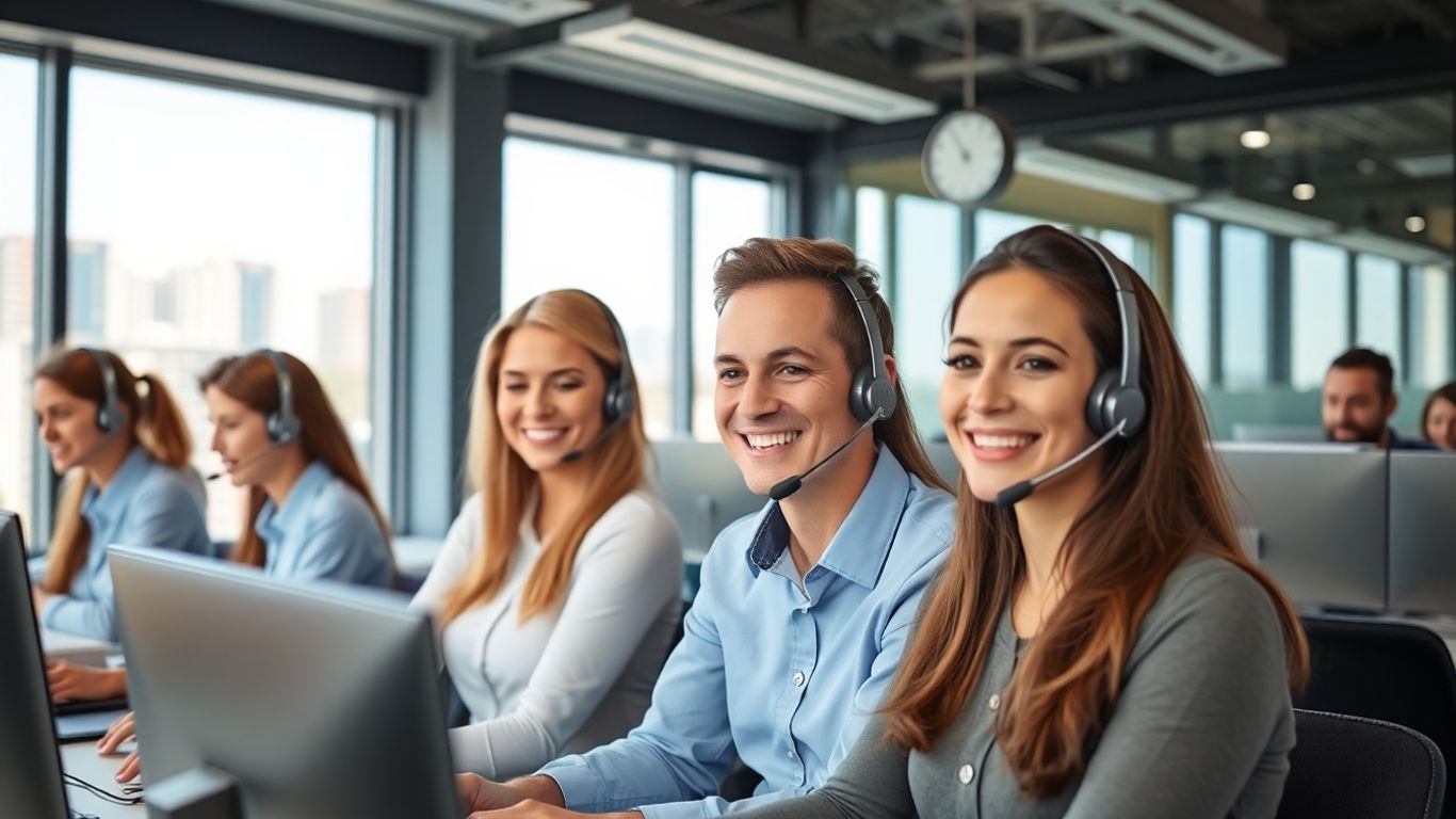 Customer service agents at desks in modern office